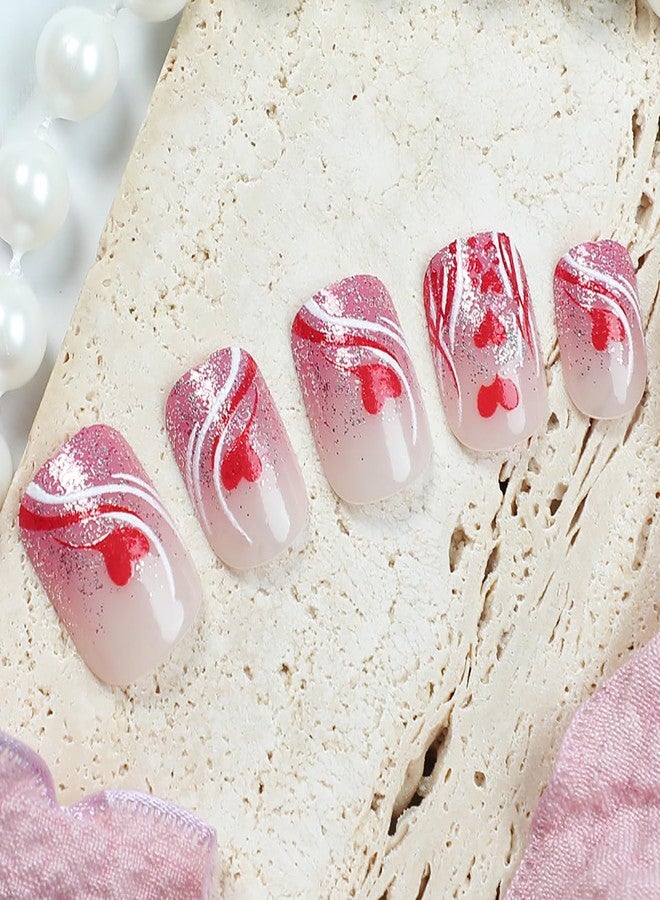 KRTBKR 24Pcs Valentines Day Press on Nails Short Square Fake Nails Red Heart Pink Glitter with French Lines Full Cover Acrylic Tip Glue on Nails Artificial Reusable French Tip False Nails for Women Girls - Image 3